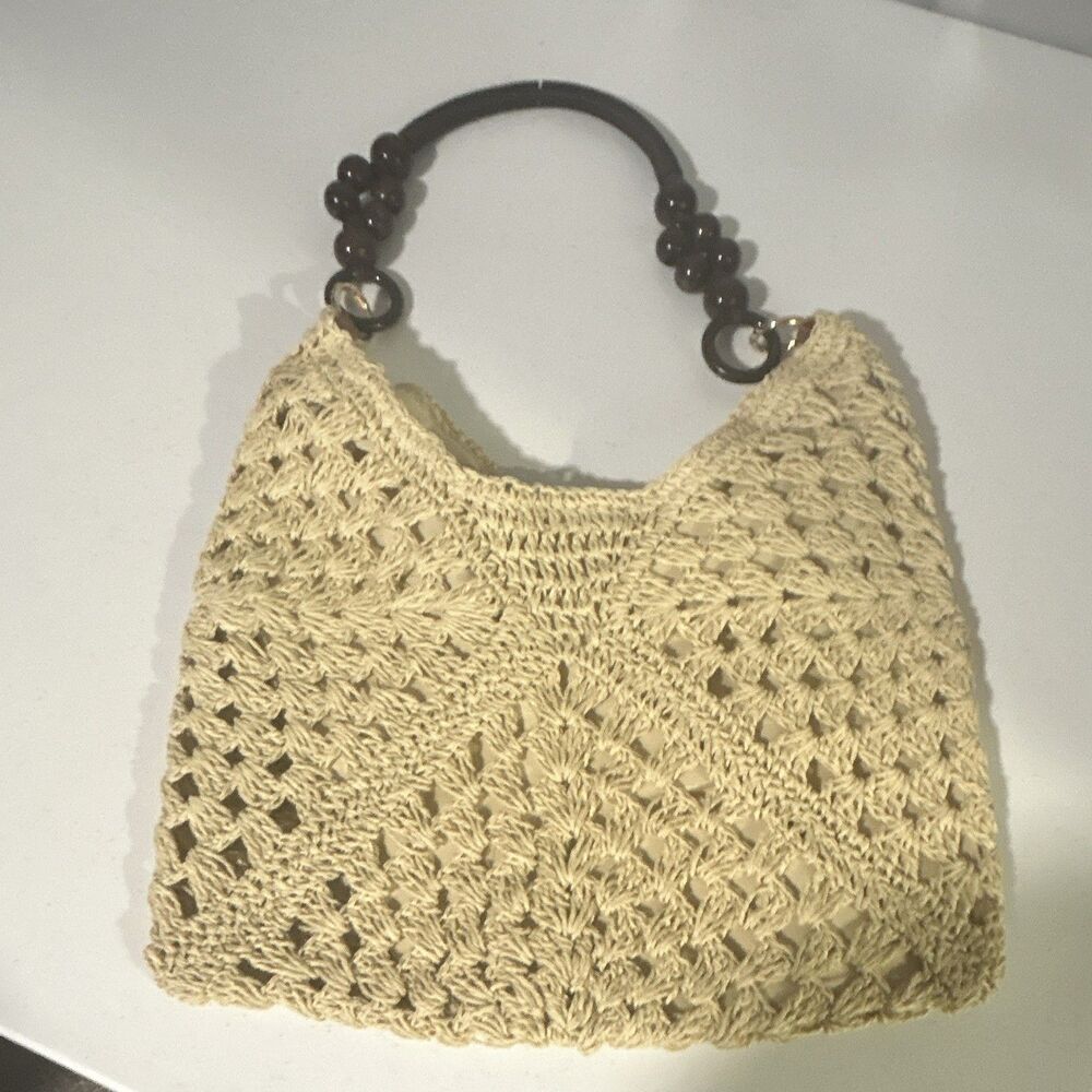Woven Tan Purse with Beaded Handle Shoulder Bag